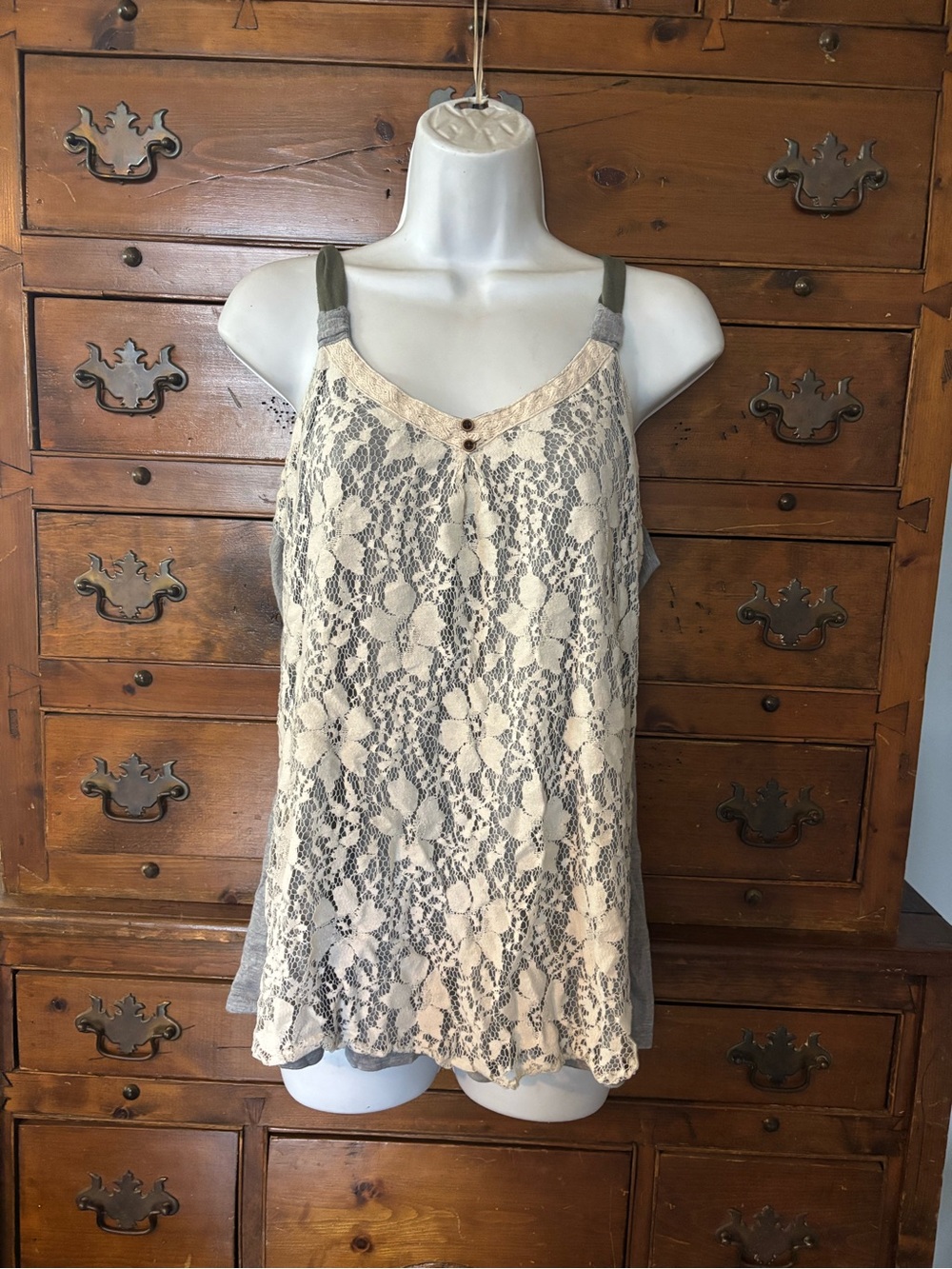 (A296)Lace Overlay Cream Tank Top with Olive Straps Size Large